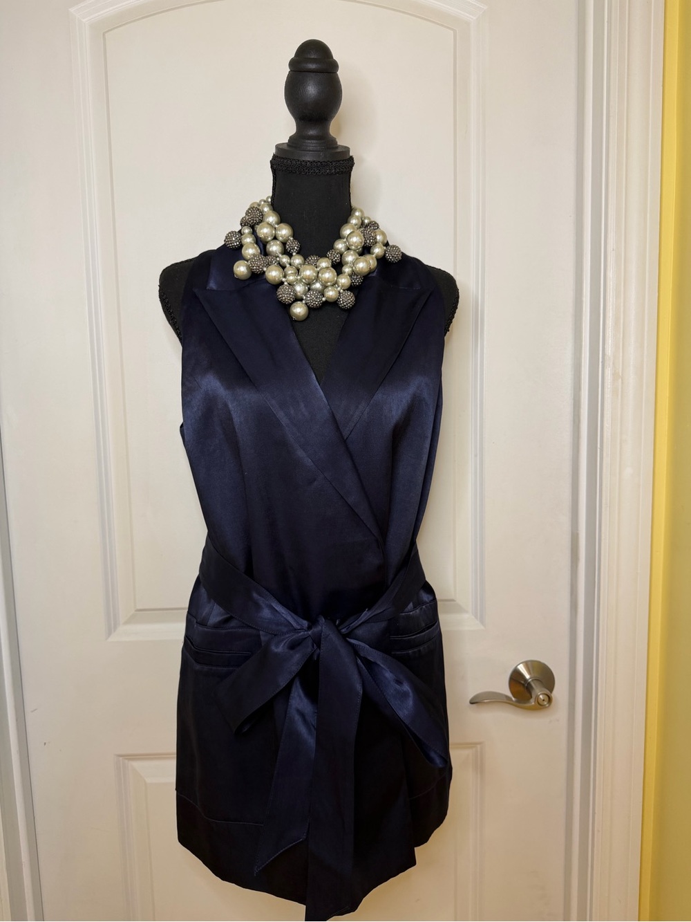 Ted Baker London Sleeveless Satin Wrap Navy Vest with Tie Waist, size 12